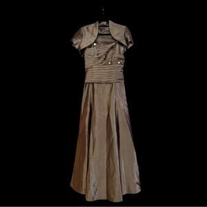 KM Collections Beaded Olive Green Taffeta Gown